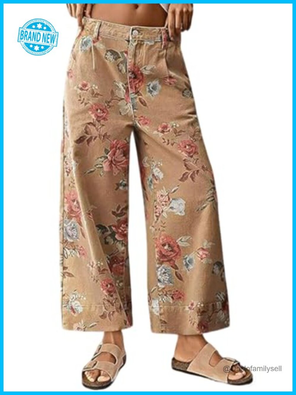 Mid Rise Cropped Wide Leg Floral Print Jeans Distressed Ankle Denim Capris
